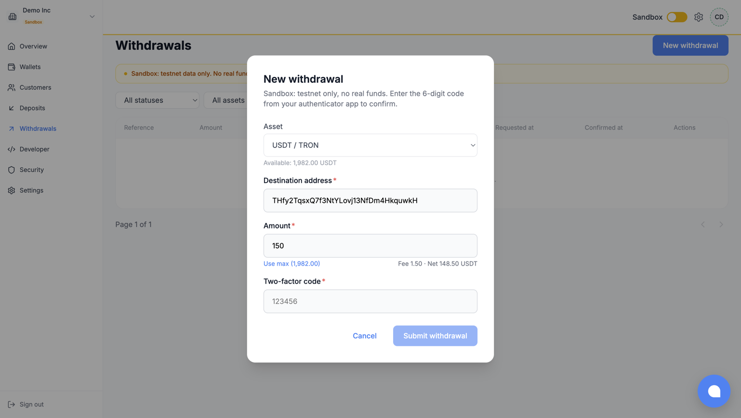 The withdrawal form with its fee preview and the 2FA field