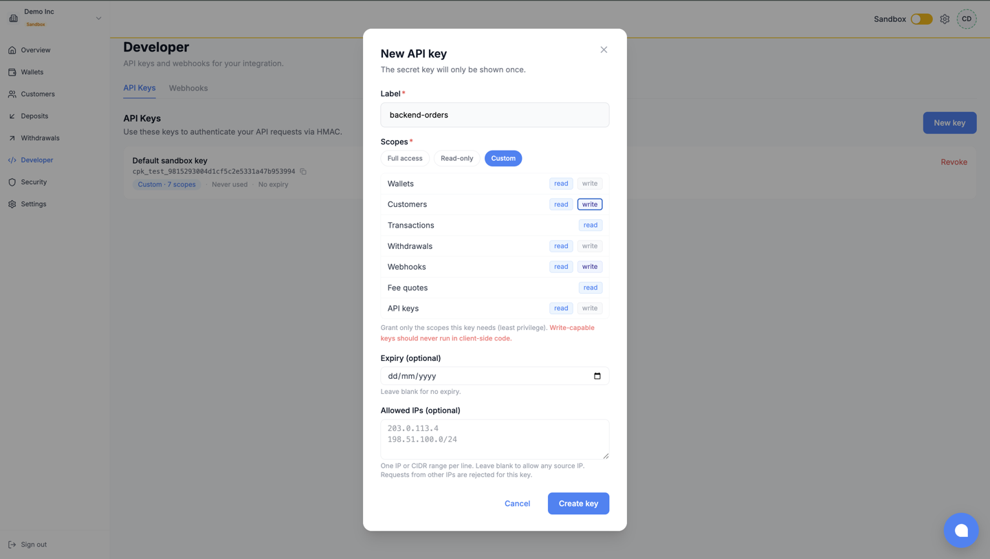 The create-API-key dialog with scopes, network, IP allowlist and expiry