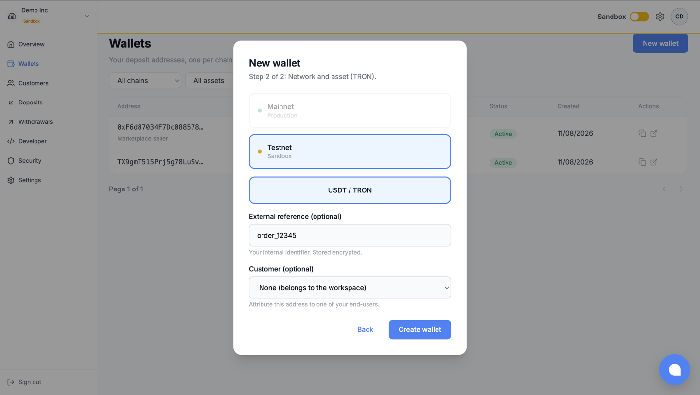The create-wallet dialog with chain and asset pickers