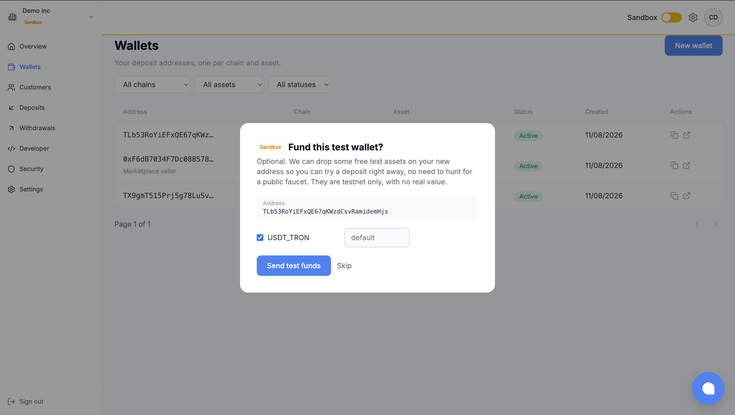 The pre-fund prompt offered after creating a Sandbox wallet